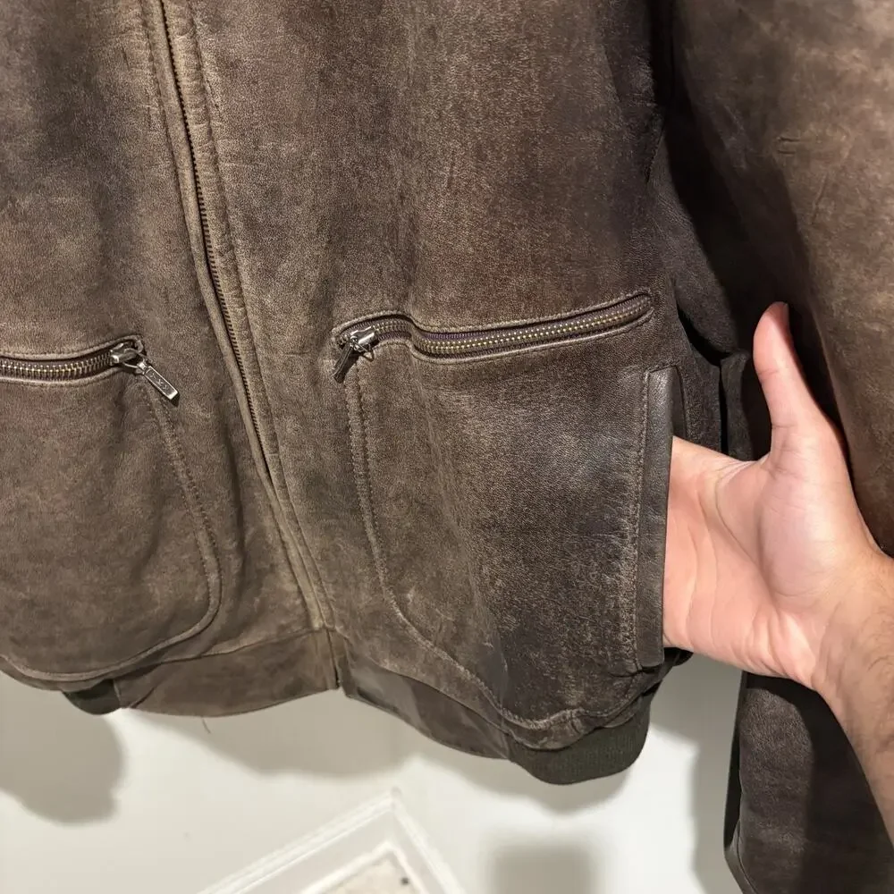 Vintage 1980s Hein Gericke Leather Bomber Flight Jacket Men's Size L Brown Map